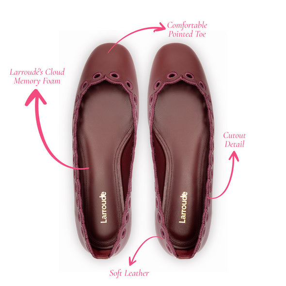 Meghan Broderie Flat In Burgundy Leather