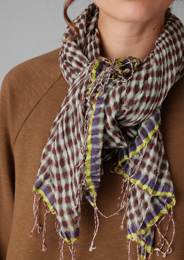 Pinwheel Gingham Cotton Scarf | Ecru/Brown Ochre