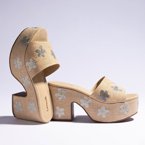 Miso Platform Sandal In Beige Raffia and Floral Crystals