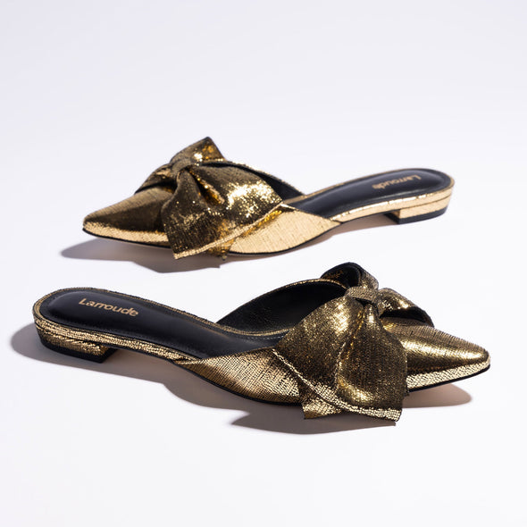 Elle Flat Mule In Gold Cracked Metallic Leather