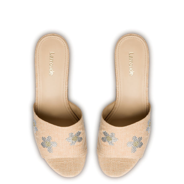 Miso Platform Sandal In Beige Raffia and Floral Crystals