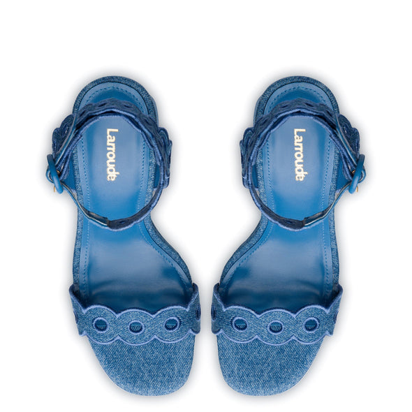 Dolly Broderie Sandal In Blue Stoned Denim