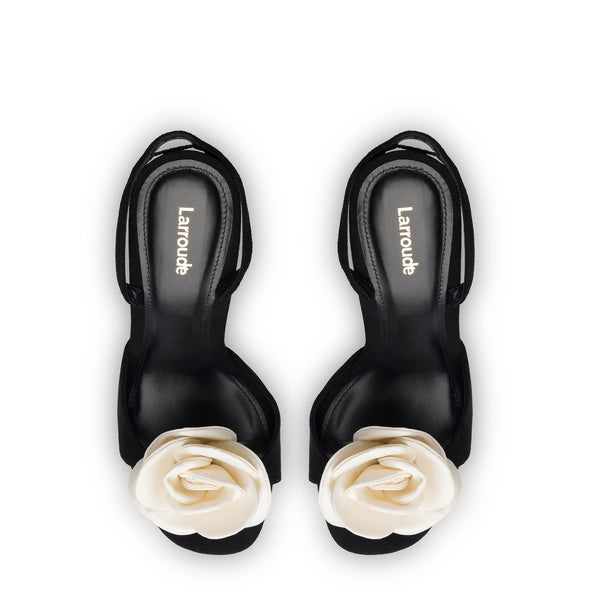 Salma Sandal In Black Suede and Ivory Satin