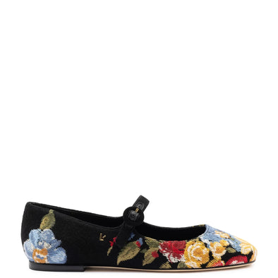 Larroudé x Markarian Flat In Black Wool and Floral Embroidery