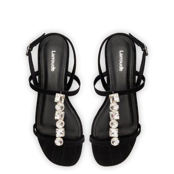 Calypso Flat Sandal In Black Fabric and Crystals