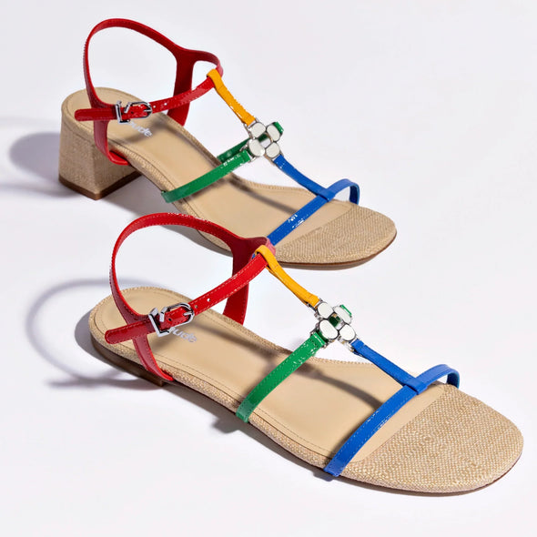 Hana Flat Sandal In Multicolor Patent Leather and Raffia