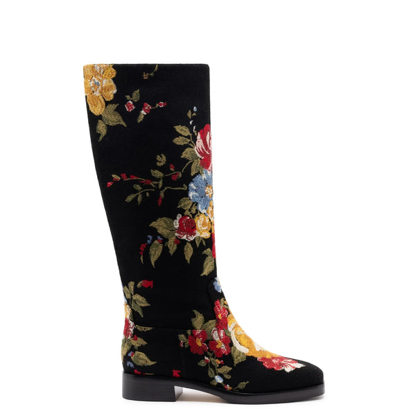 Larroudé x Markarian Flat Boot In Black Wool and Floral Embroidery