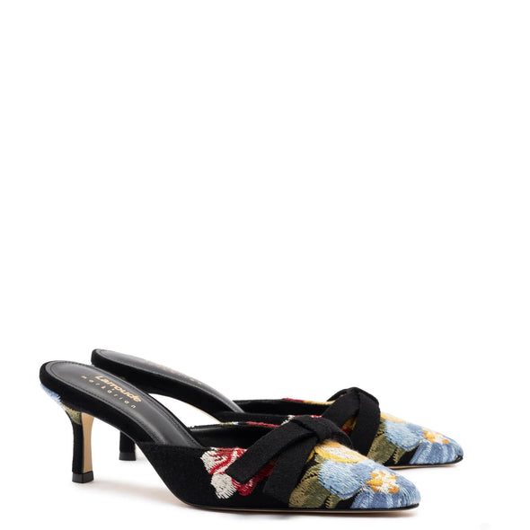 Larroudé x Markarian Mule In Black Wool and Floral Embroidery