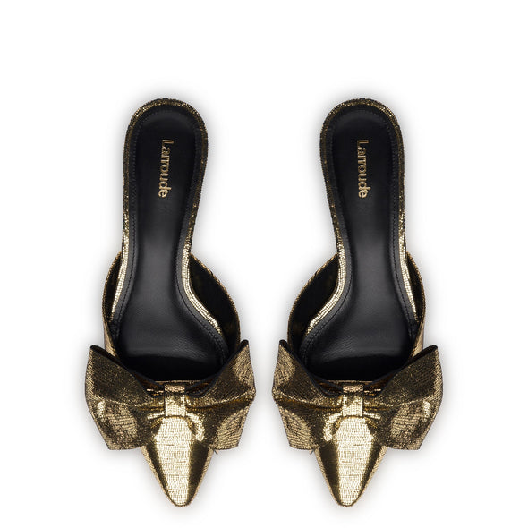 Elle Flat Mule In Gold Cracked Metallic Leather