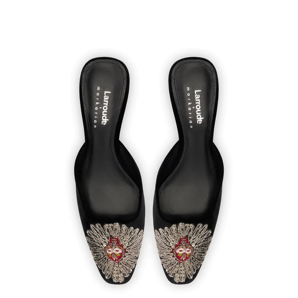 Larroudé x Markarian Mule In Black Velvet and Heart Embroidery