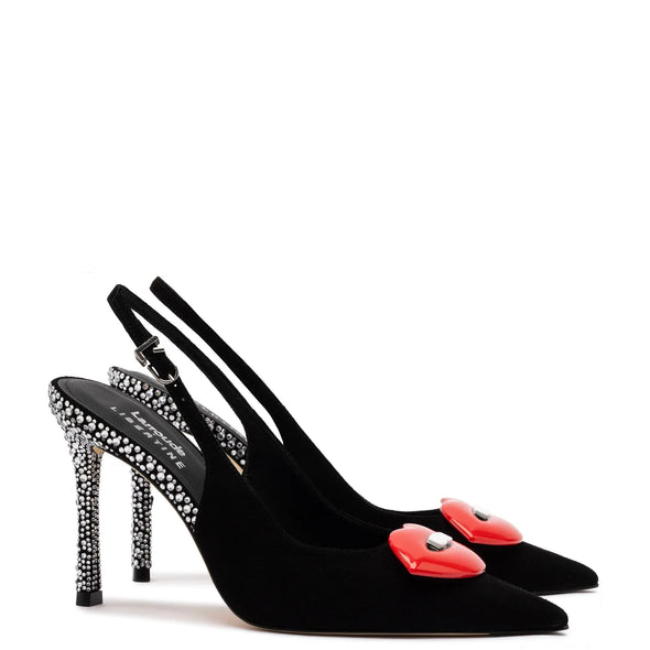 Larroudé x Libertine Lips Pump Hi In Black Suede and Crystals