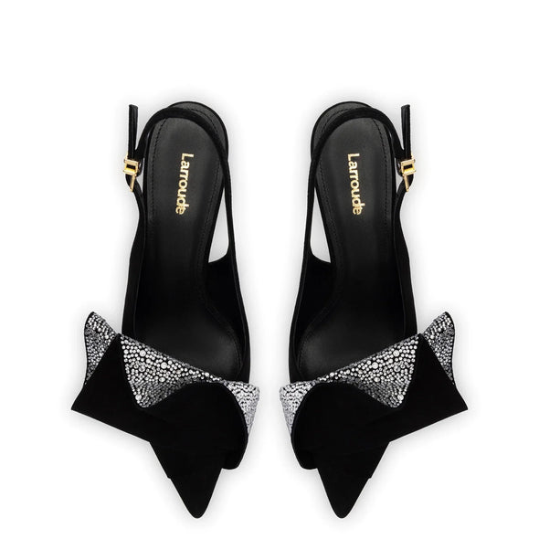 Loulou Ruffle Pump In Black Suede and Crystals