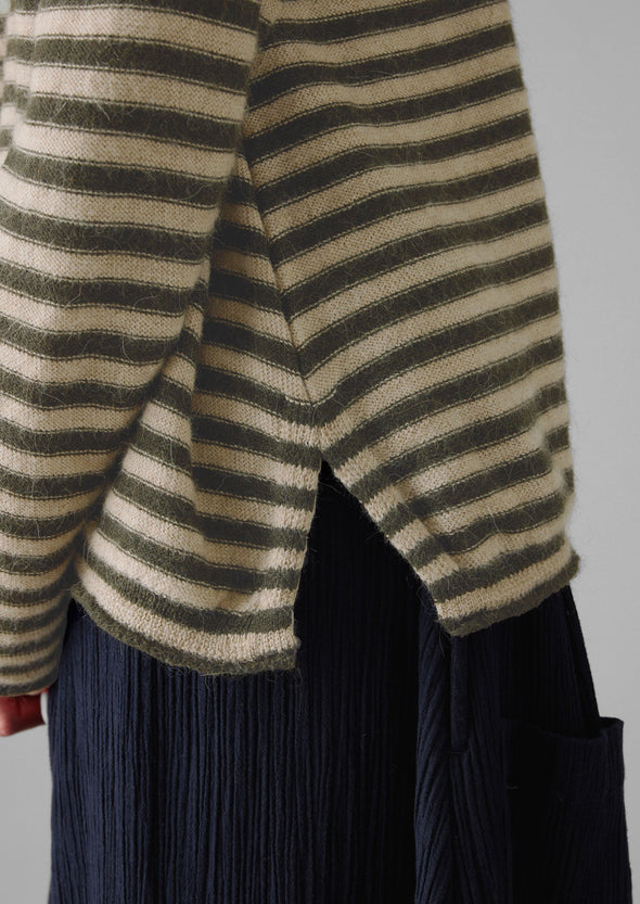 Stripe Alpaca Wool Crew Neck Sweater | Oatmeal/Olive