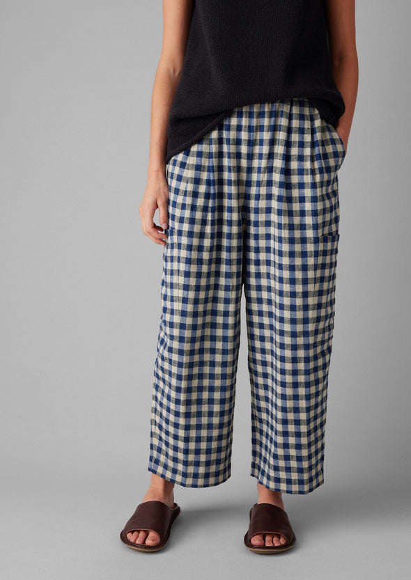 Gingham Linen Cotton Patch Pocket Pants | Denim Blue